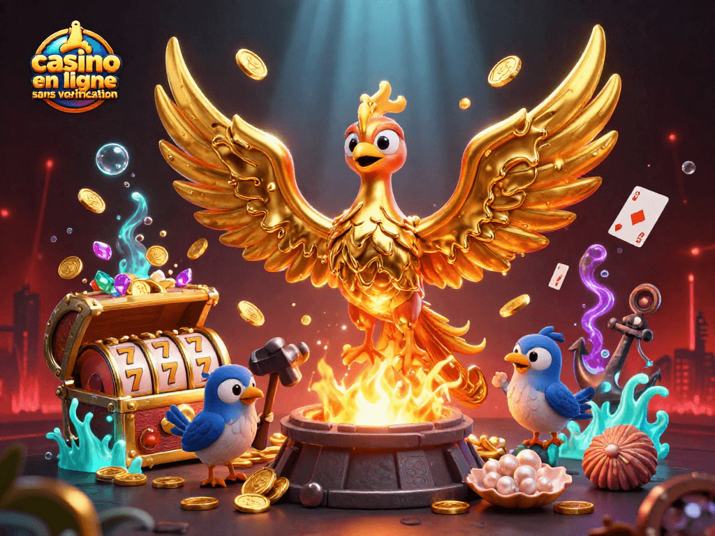 Gagnez avec des bonus sur un casino en ligne sans verification avec une représentation d'un phénix doré émergeant d'une forge.