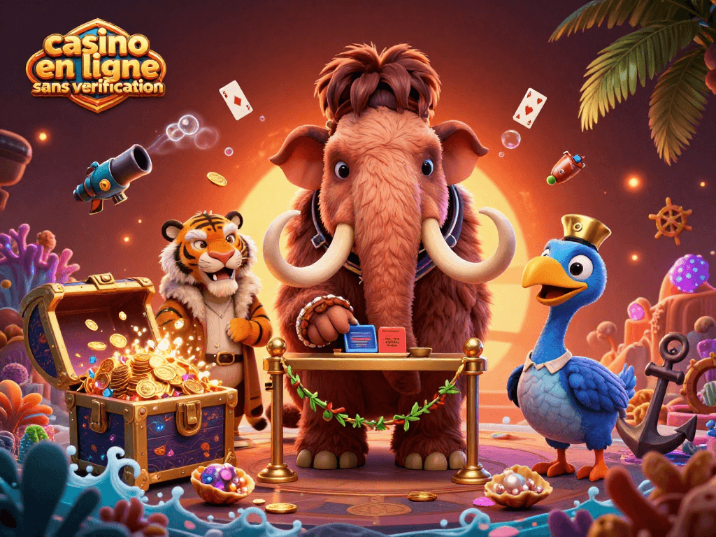 Vivre le frisson du casino en ligne sans vérification, interactif avec des personnages animés et décorations colorées.
