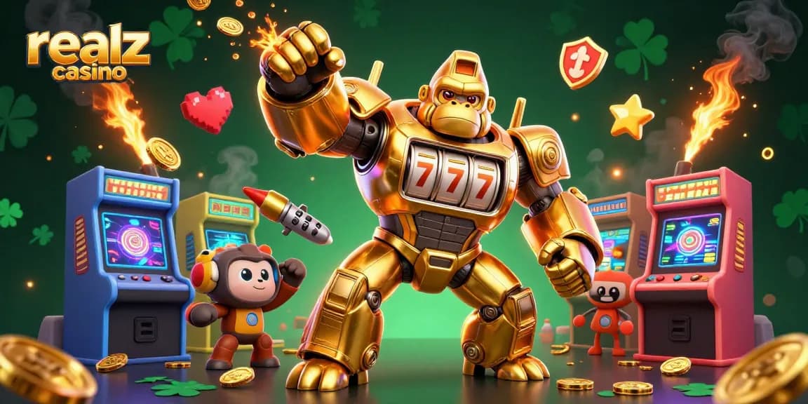 Engage with realz casino's dynamic gaming world featuring a golden mech gorilla and immersive arcade elements.