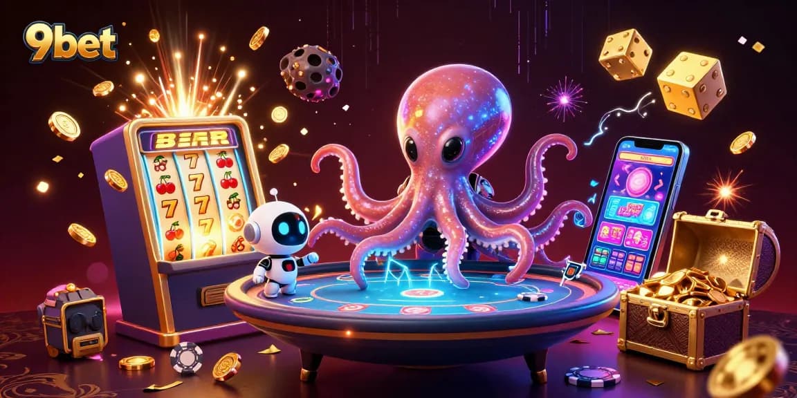 Experience thrilling gameplay with 9bet's vibrant alien casino scene featuring holographic poker and slot action.