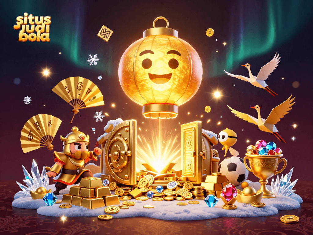 Engage in thrilling sports betting at situs judi bola with golden elements and lively characters.