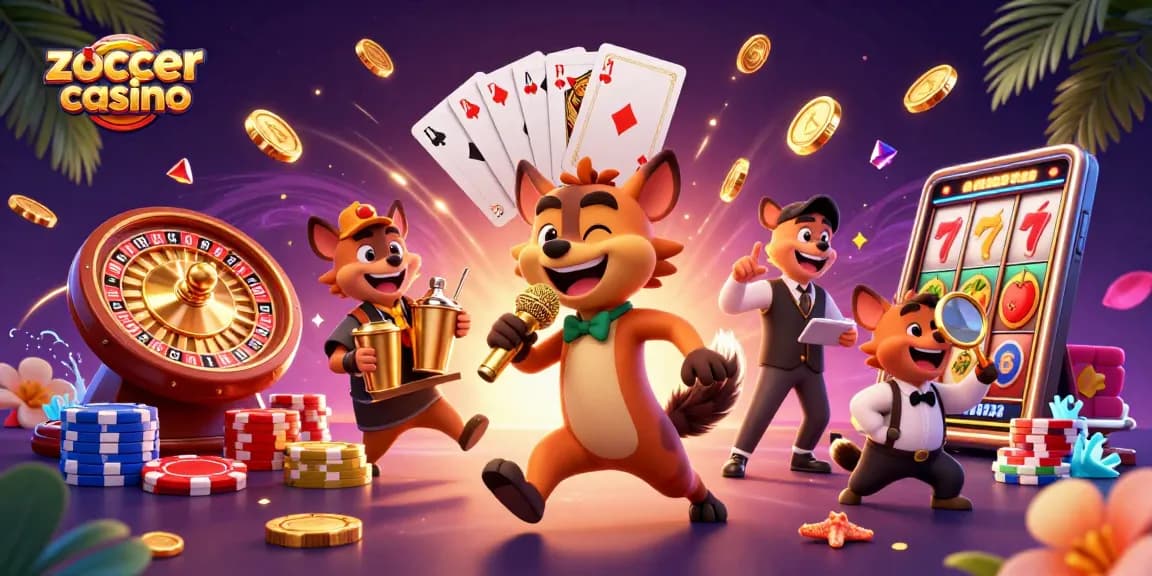 Zoccer casino illustrates a lively scene with hyenas running a comedy club, showcasing vibrant casino elements.