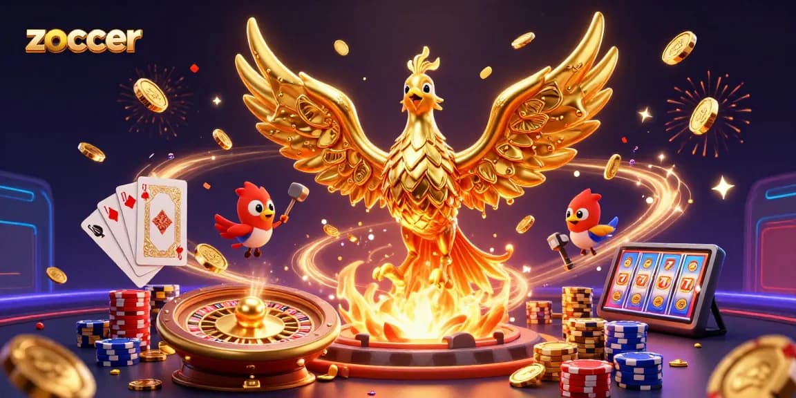 Experience zoccer's thrilling gaming atmosphere with a golden phoenix emerging from a casino forge.