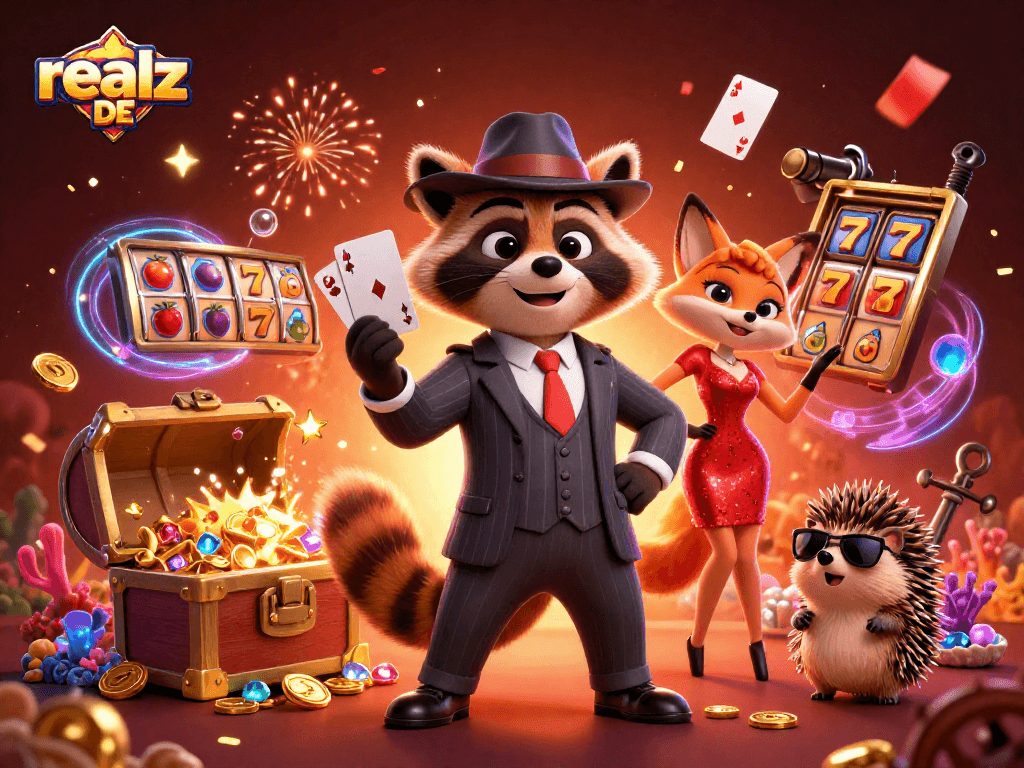 realz DE zeigt ein Glücksspiel-Szenario mit einem elegant gekleideten Waschbären und seinen Begleitern, die um einen Spielautomaten gruppiert sind.