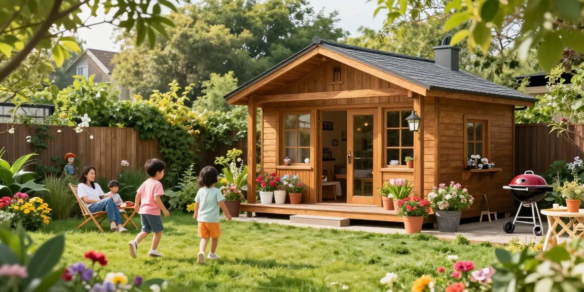 Gartenhaus in einer idyllischen Gartenlandschaft mit Familie, die im Freien entspannt.