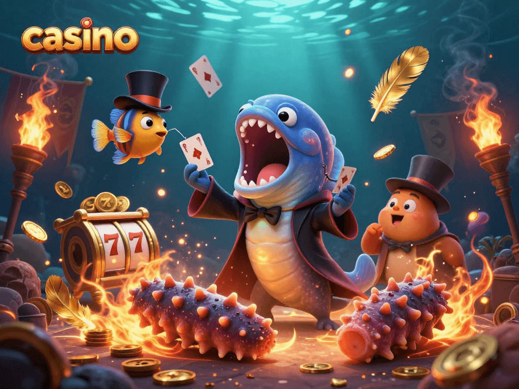 Gulper eel performs card tricks at a vibrant casino, surrounded by golden coins and slot reels.