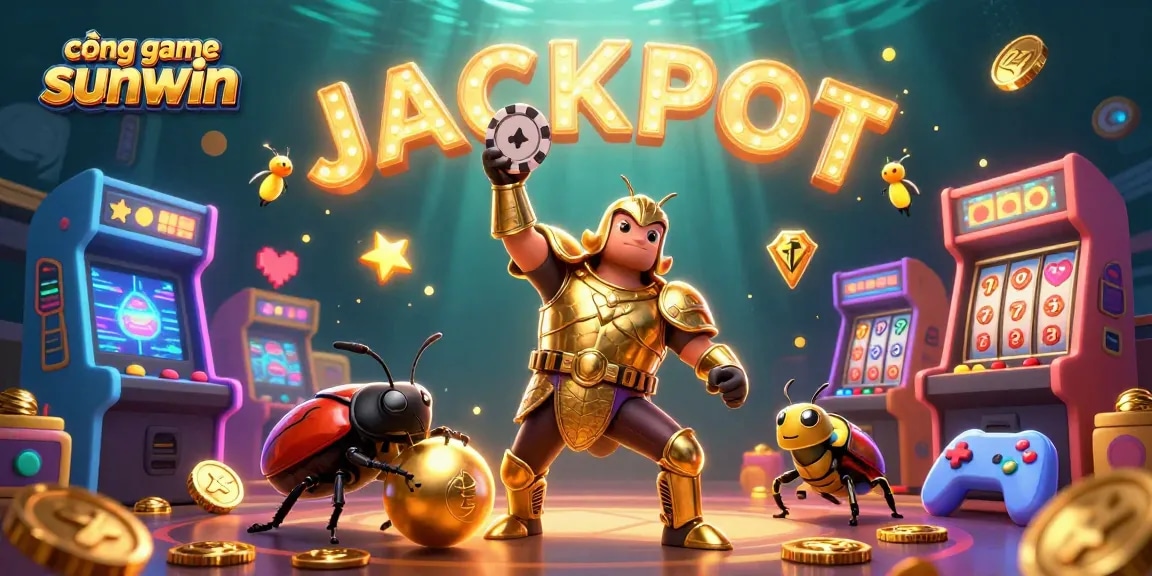 Engage with cổng game sunwin’s vibrant world featuring beetles celebrating a huge jackpot amidst dazzling game elements.