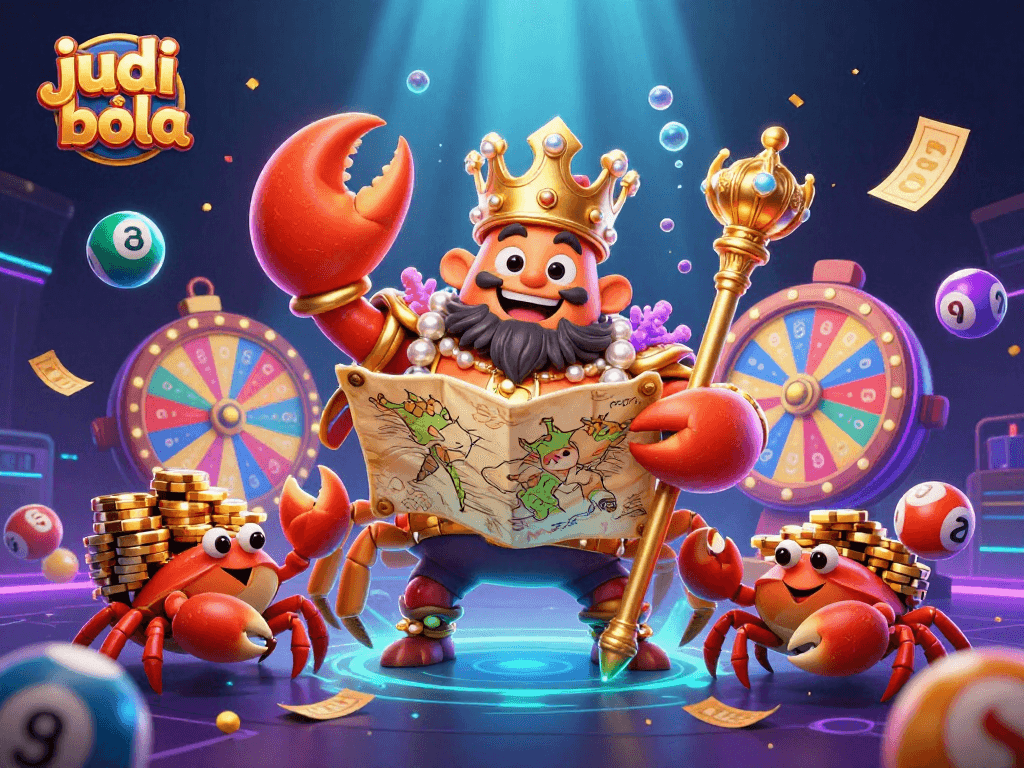 Engage in judi bola excitement with a golden crab emperor and treasure, embodying vibrant casino energy.