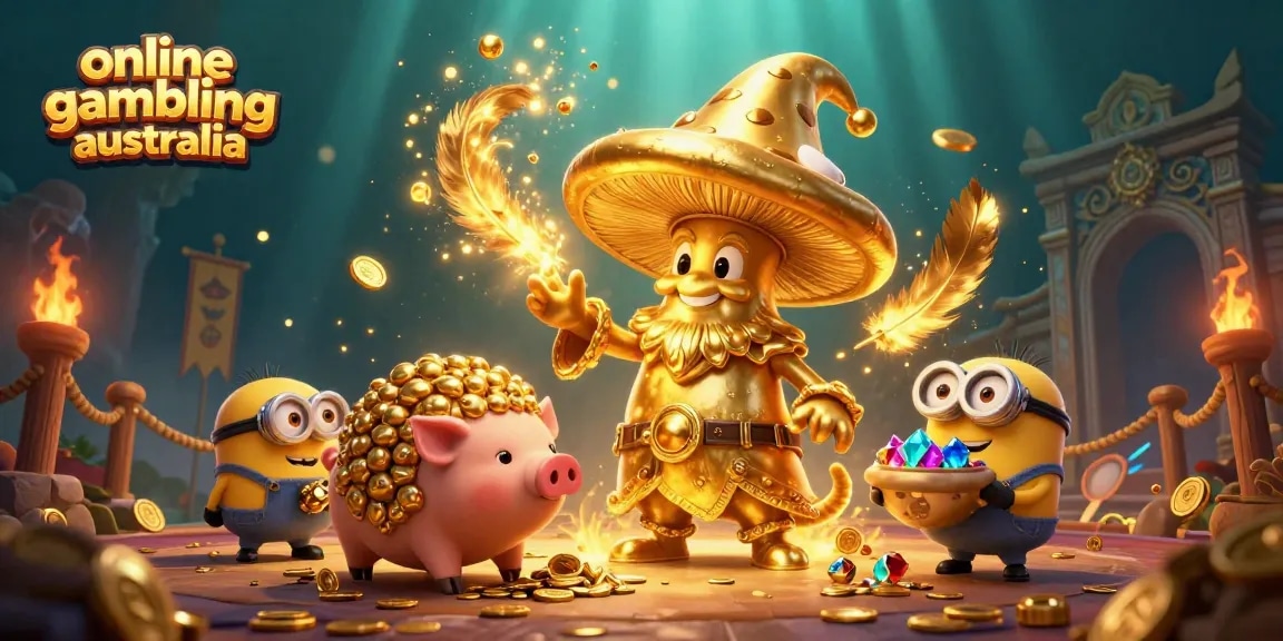 Experience exciting online gambling Australia with a golden mushroom wizard casting winning spells and treasures.