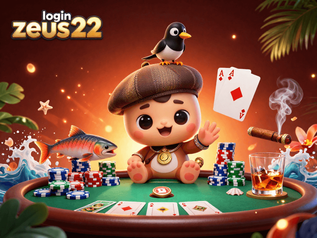 Join the excitement with ZEUS222's login, a vibrant casino scene filled with playful characters and poker elements.