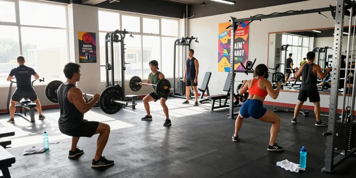 Deus Medical: Fitnessstudioumgebung mit aktiven Bodybuildern bei ihrem Training.