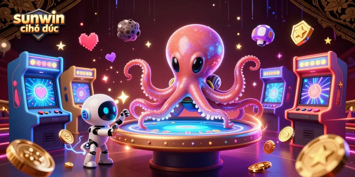 Experience the thrill of sunwin chính thức with vibrant casino-themed 3D digital art featuring an animated alien octopus.