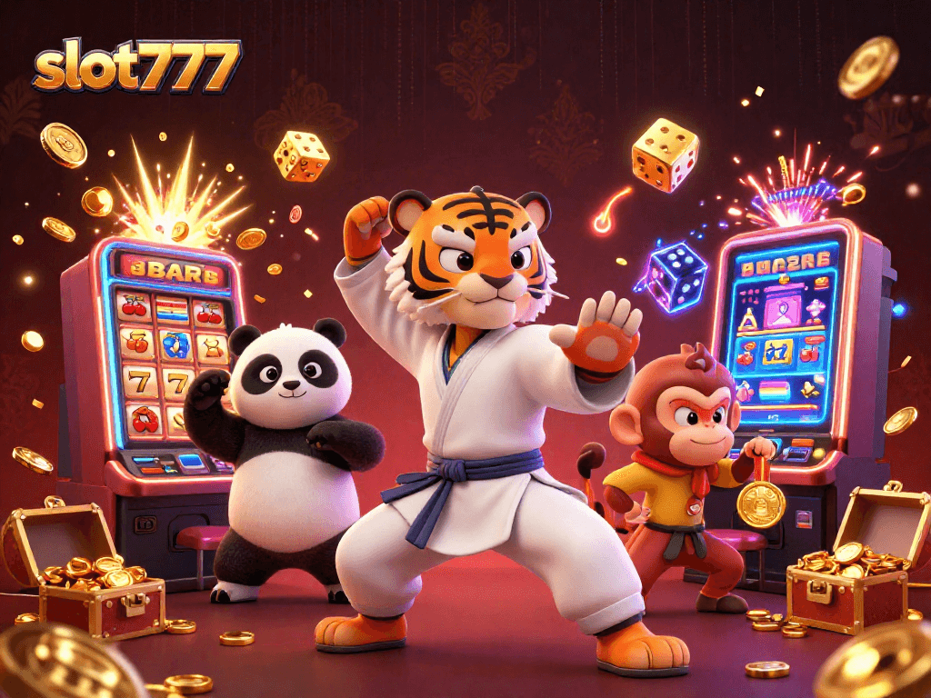 Experience slot777 gameplay with a kung fu tiger, panda, and monkey amid explosive casino symbols.