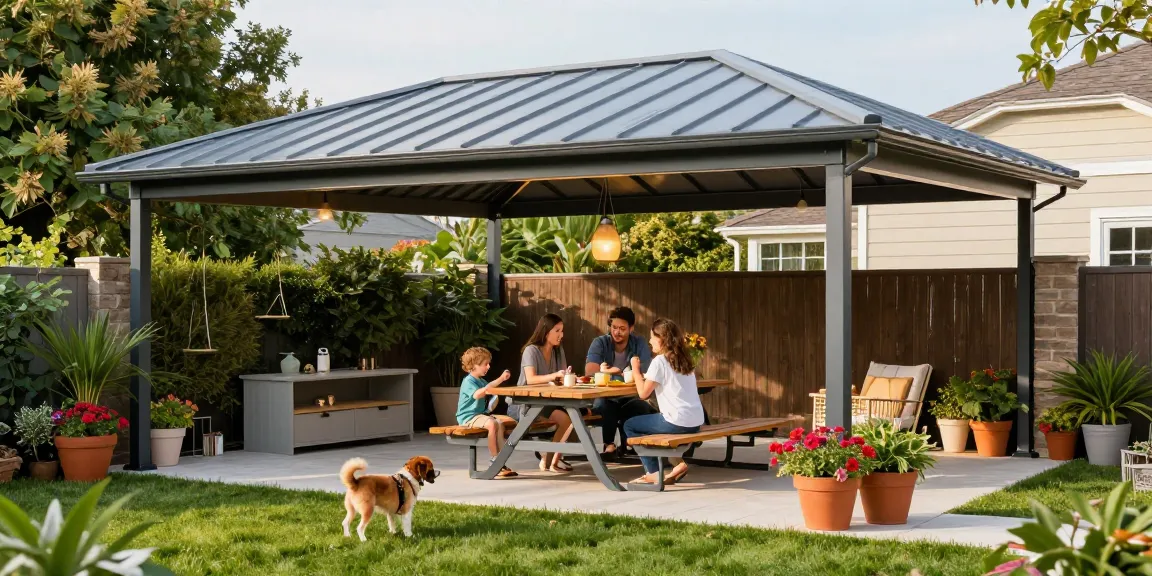 Moderne Terrassenüberdachung aus Aluminium mit Familie bei einem Picknick im Freien.