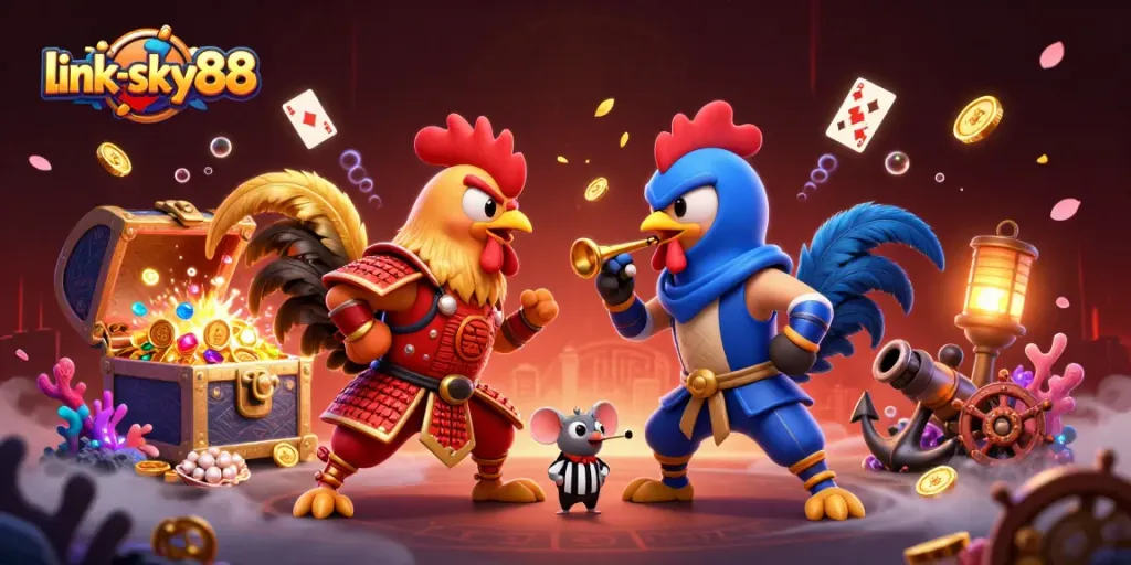 link-sky88 offers thrilling action with cartoon roosters in a dramatic standoff amid casino treasures.