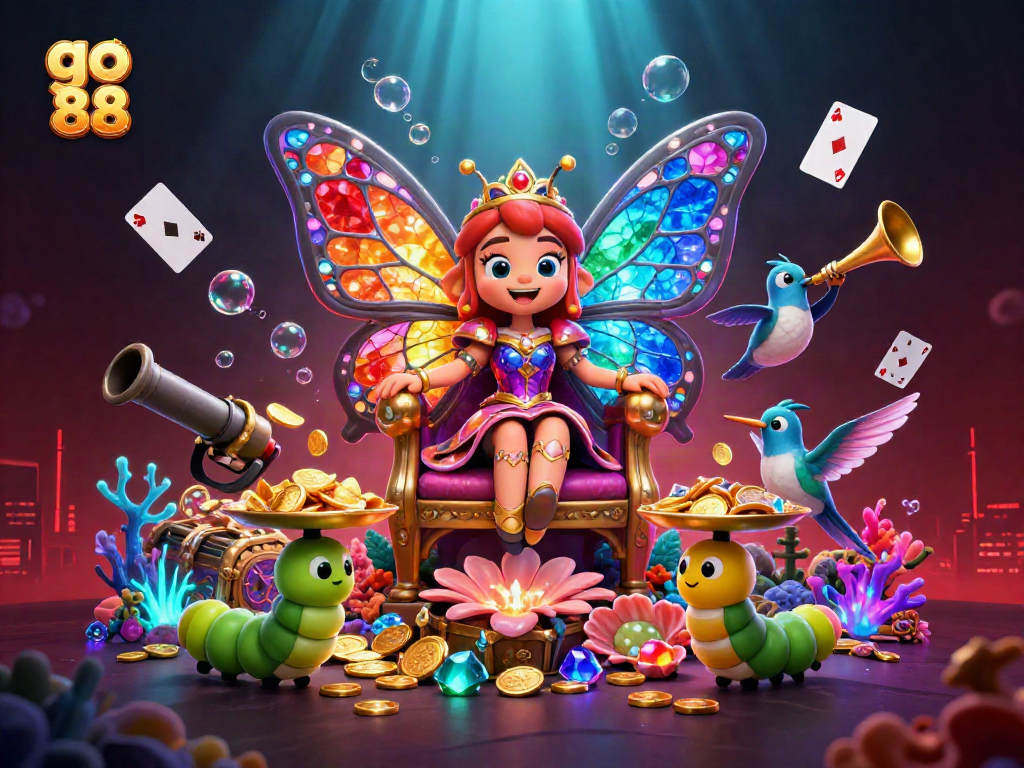 Dive into the excitement of go 88 with a vibrant underwater casino scene featuring a majestic butterfly queen and treasure-laden visuals.