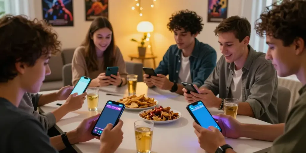 Friends enjoying a slot88 gaming session on mobile devices, vibrant and festive atmosphere.