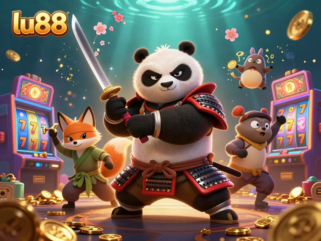 Engage in exciting gameplay at lu88 with a vibrant scene featuring a samurai panda and dynamic casino elements.