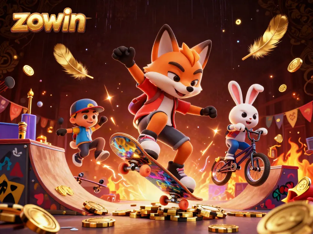 Zowin showcases a lively scene of a skateboarder fox and BMX rabbit among casino symbols, exuding excitement.