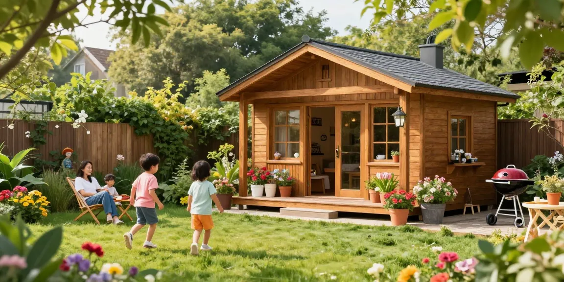 Gartenhaus in einer idyllischen Gartenlandschaft mit Familie, die im Freien entspannt.