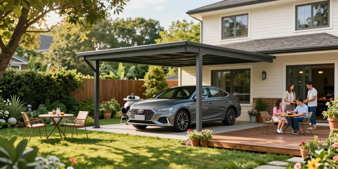Moderne Carport-Szene im Garten mit Familienauto und einladendem Ambiente.