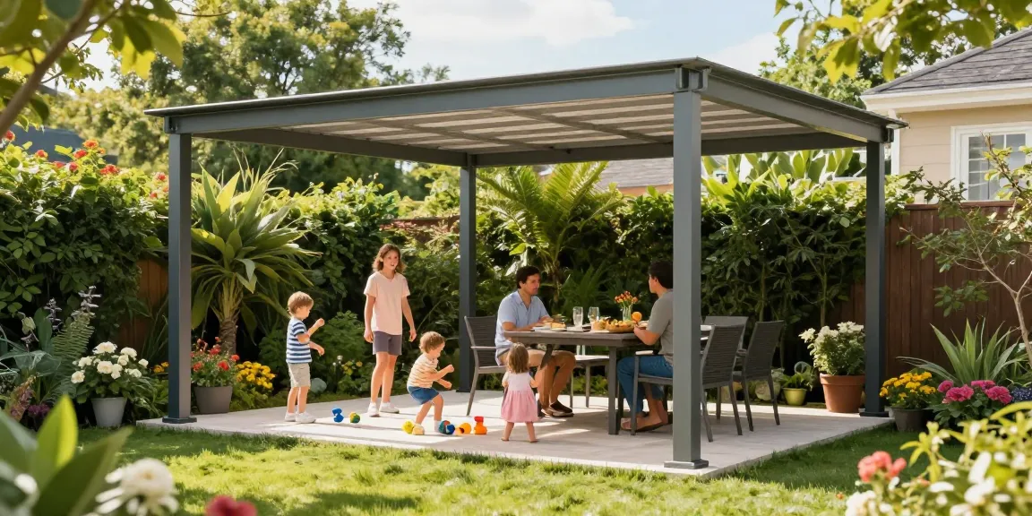 Familie entspannt unter einer freistehenden Terrassenüberdachung, moderne Aluminiumkonstruktion im Garten.