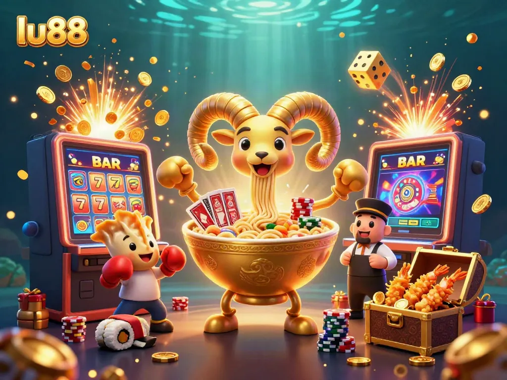 Experience the vibrant excitement of lu88 with a dynamic casino scene featuring a golden ramen bowl dealer and game elements.