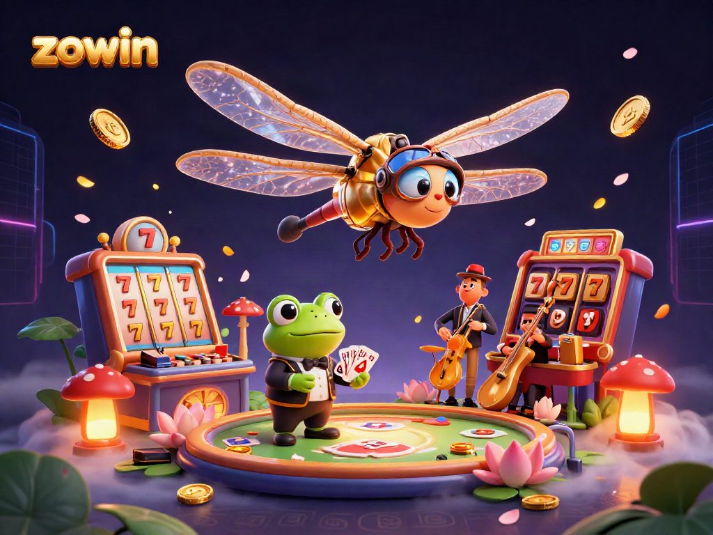 Zowin offers an exciting casino experience with a whimsical dragonfly pilot, frog dealer, and vibrant game elements.