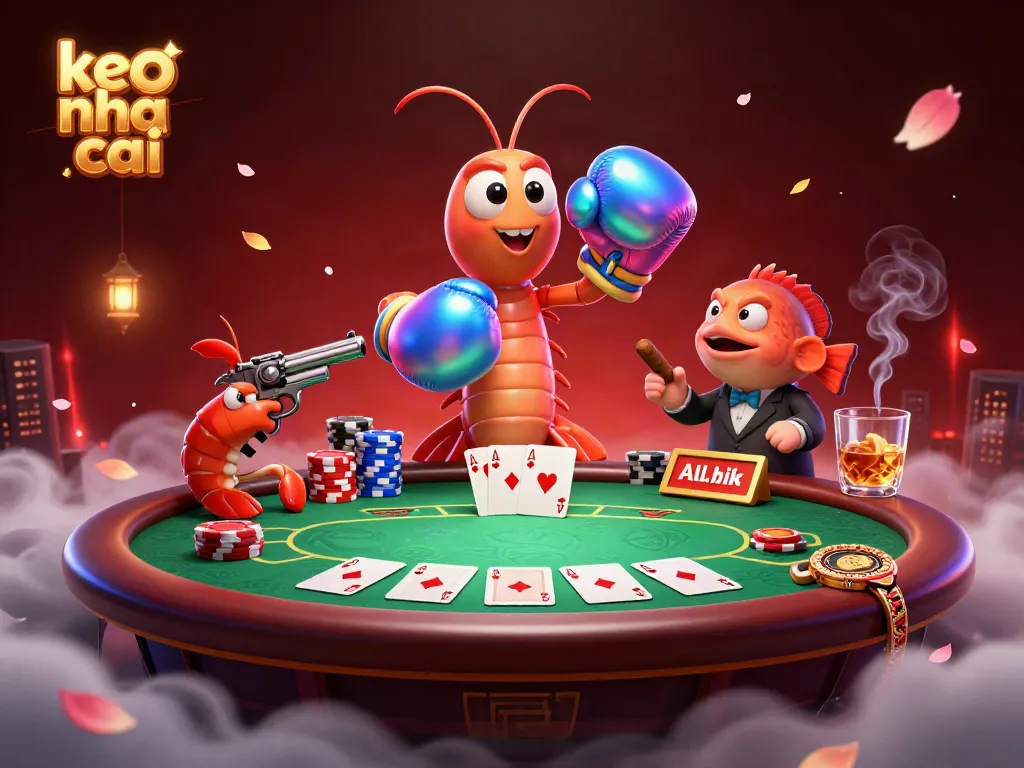 Engaging scene of poker champions featuring keo nha cai branding with vibrant characters and colorful poker elements.
