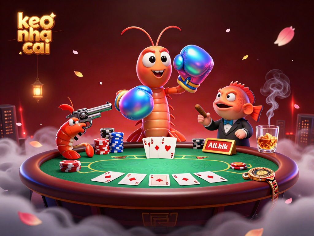 Engaging scene of poker champions featuring keo nha cai branding with vibrant characters and colorful poker elements.