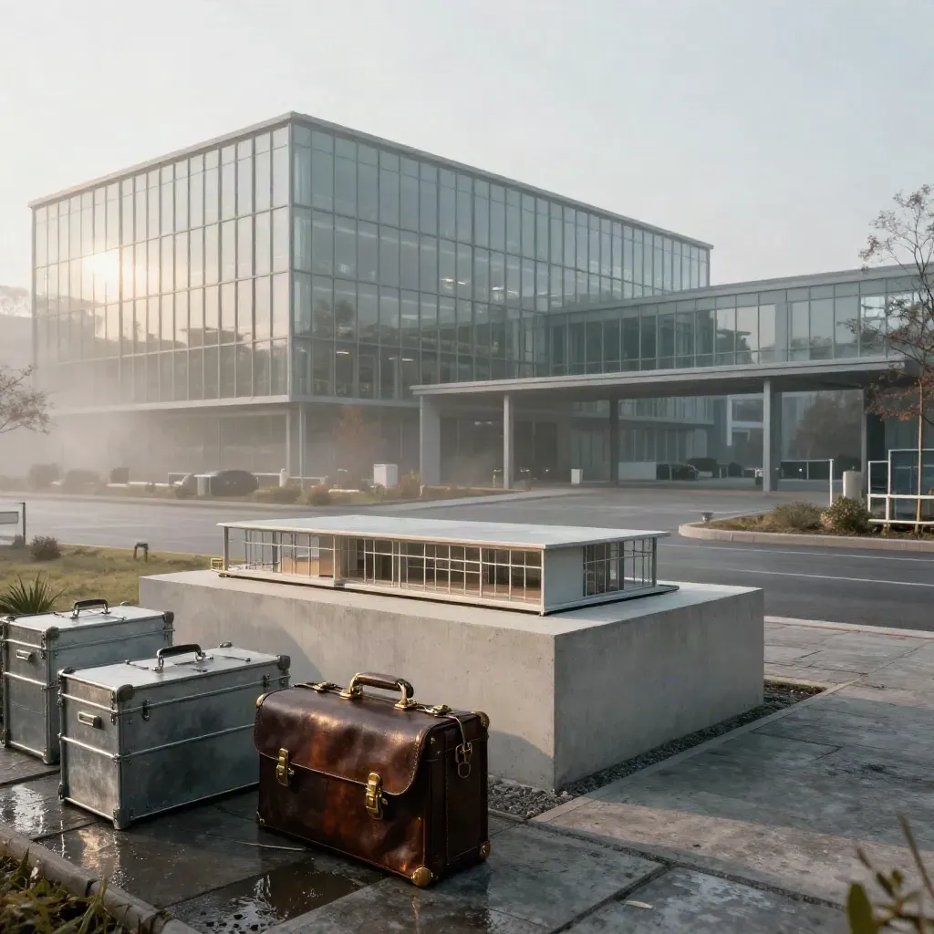 Nebliger Mittelstands-Campus aus Glas und Stahl mit Architekturmodell, Aktenkoffern und Metallkisten.