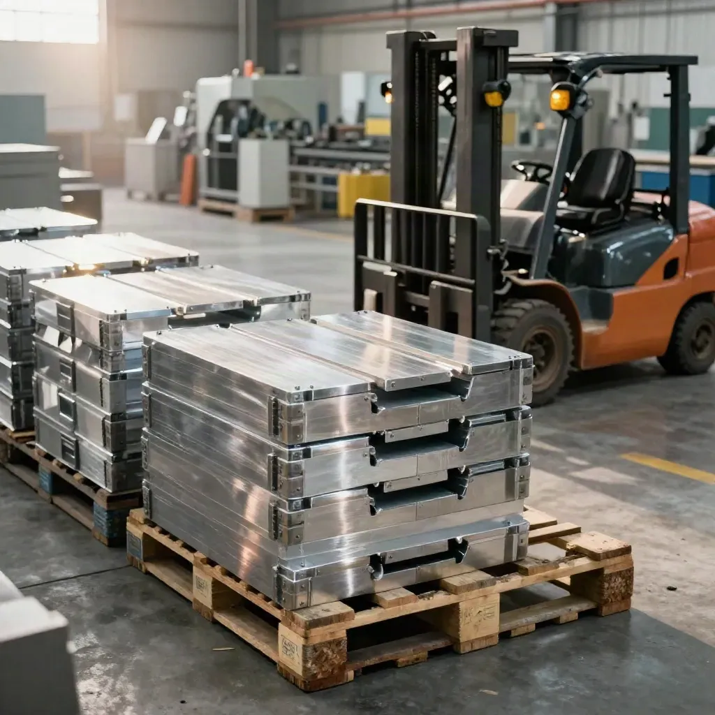 Werkstattgasse mit Paletten, Aluminiumteilen und abbiegendem Gabelstapler in Bewegung