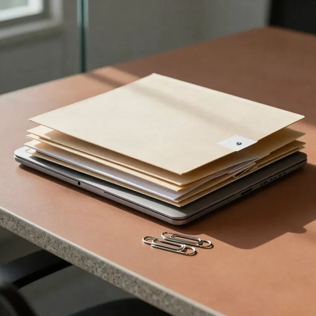 Neutrales Reporting-Paket mit Ordnern, geschlossenem Laptop und Büroklammer-Stack auf einem Boardroom-Tisch.
