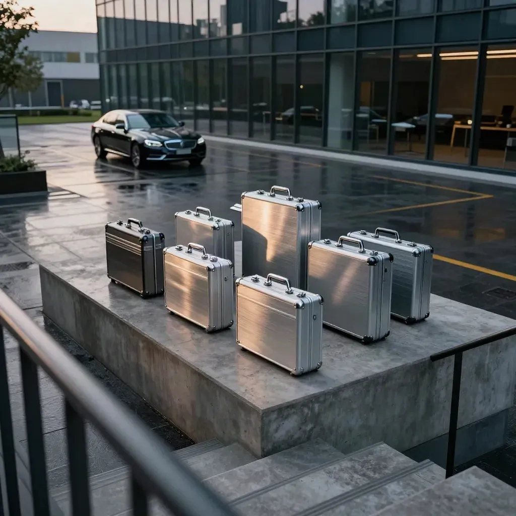 Industriekampus mit Glasfassade, Executive-Car und Metallkoffern im Abendnebel.