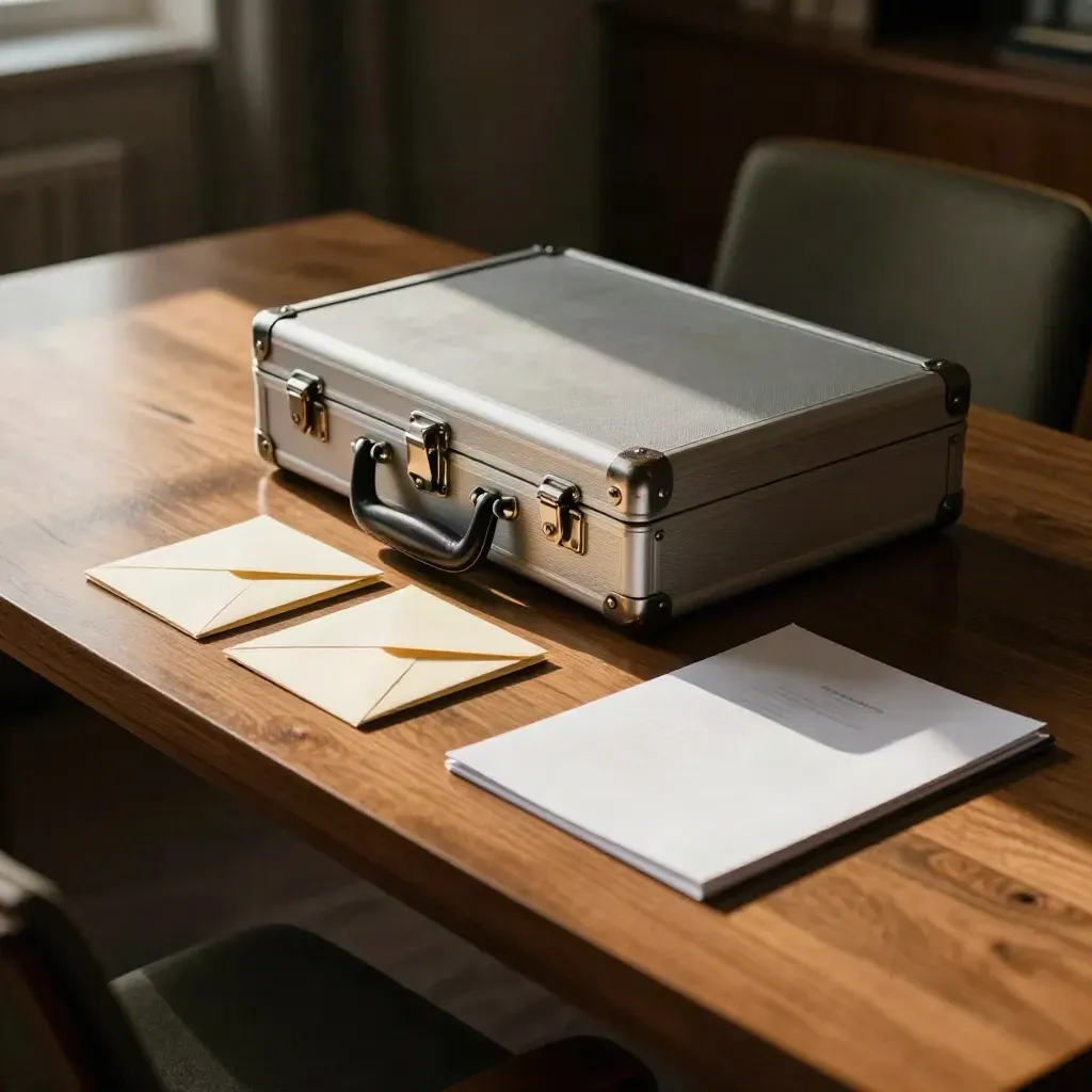 Geschlossener Aktenkoffer mit Notizkarten und Umschlag auf warmem Holztisch
