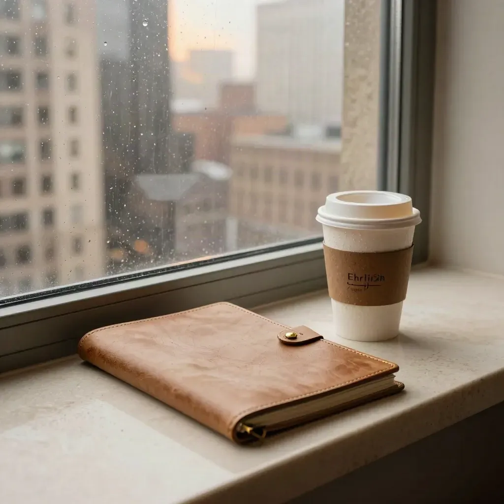 Regennasse Fensterfront mit Blick aufs Finanzviertel, geschlossene Mappe und kalter Kaffee im Morgenlicht.