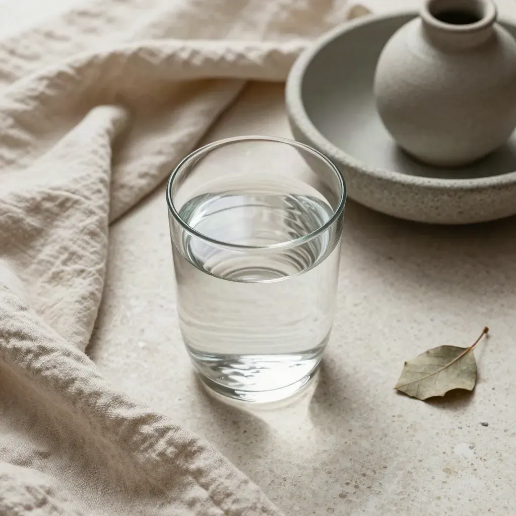Wasserglas auf Steinschale mit Leinentuch, Blatt und Keramikgefäß im ruhigen Overhead-Look.