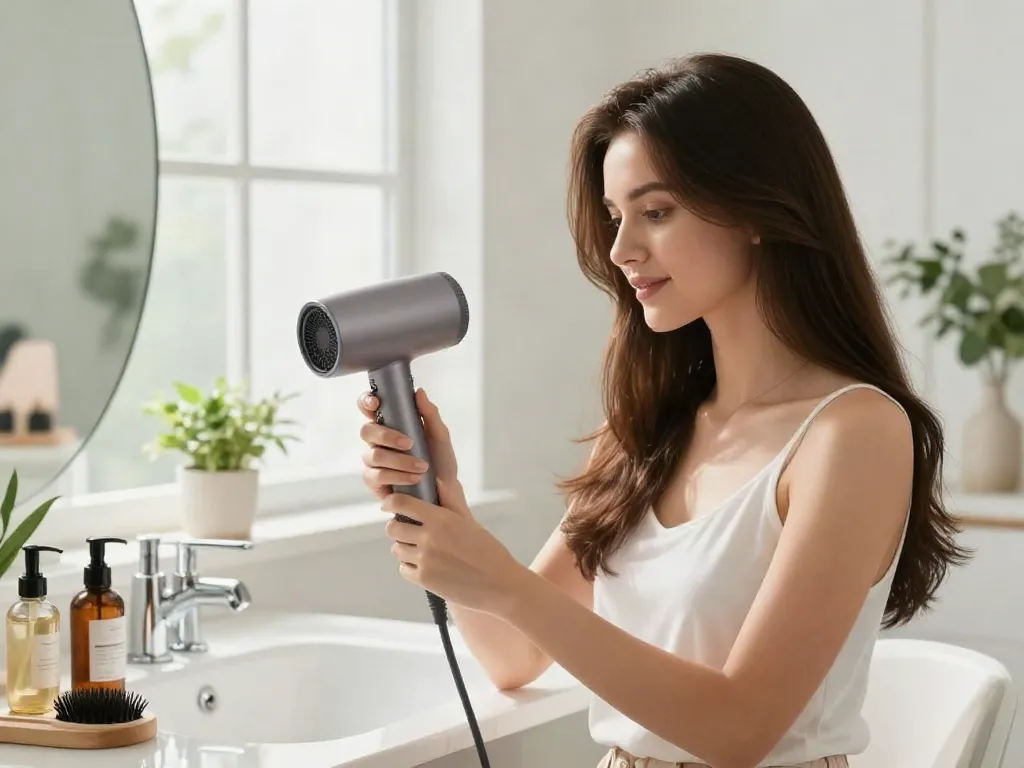 Moderne Badezimmer-Szene mit Hochgeschwindigkeits-Haartrockner und eleganten Haarpflegeprodukten.