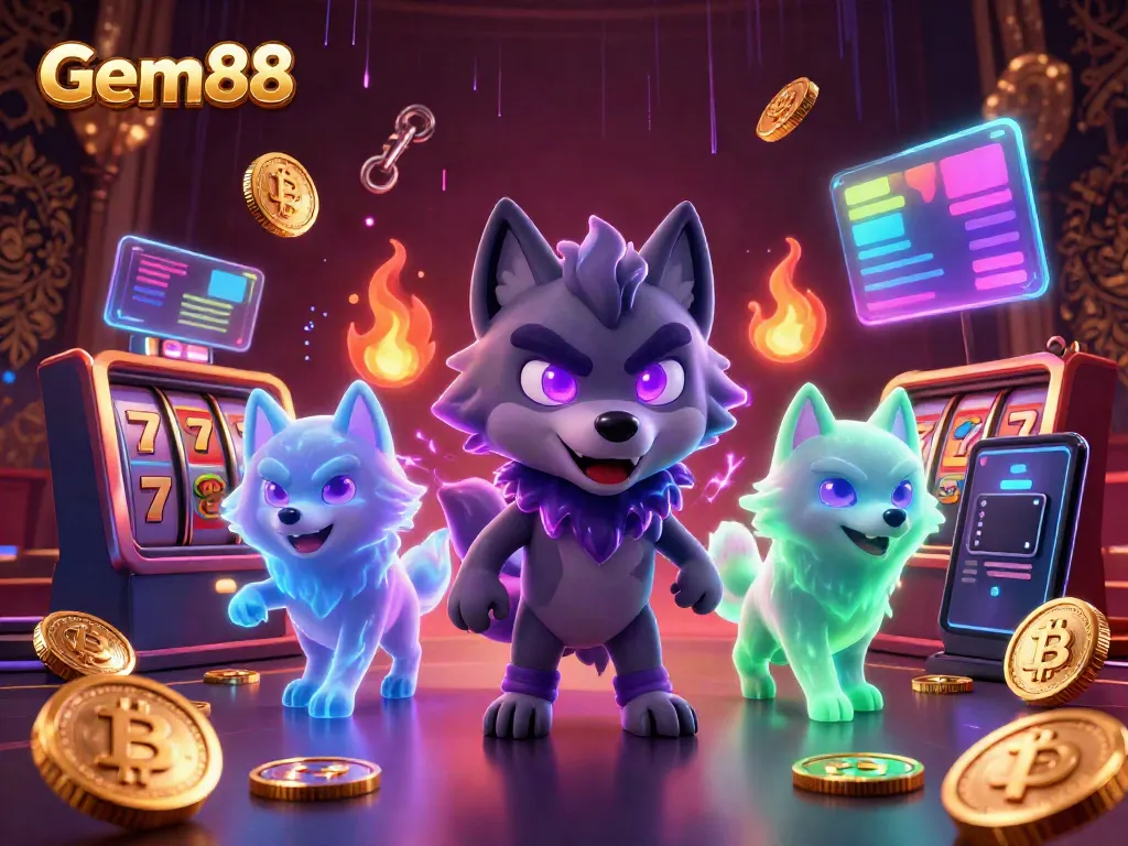 Experience excitement at Gem88 casino with vibrant slot reels and ghostly wolves.