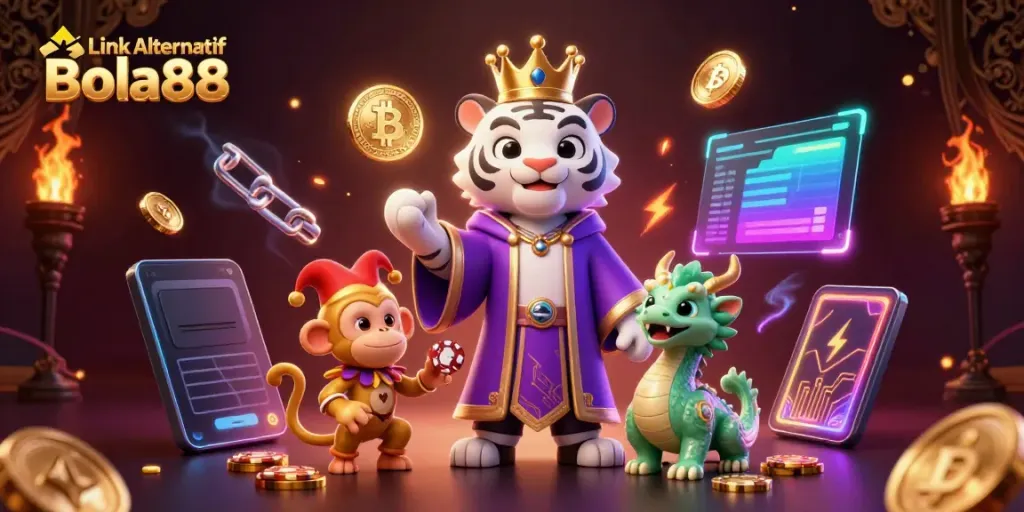 Engage with thrilling gameplay at Link Alternatif Bola88, featuring dynamic casino elements and vibrant characters.