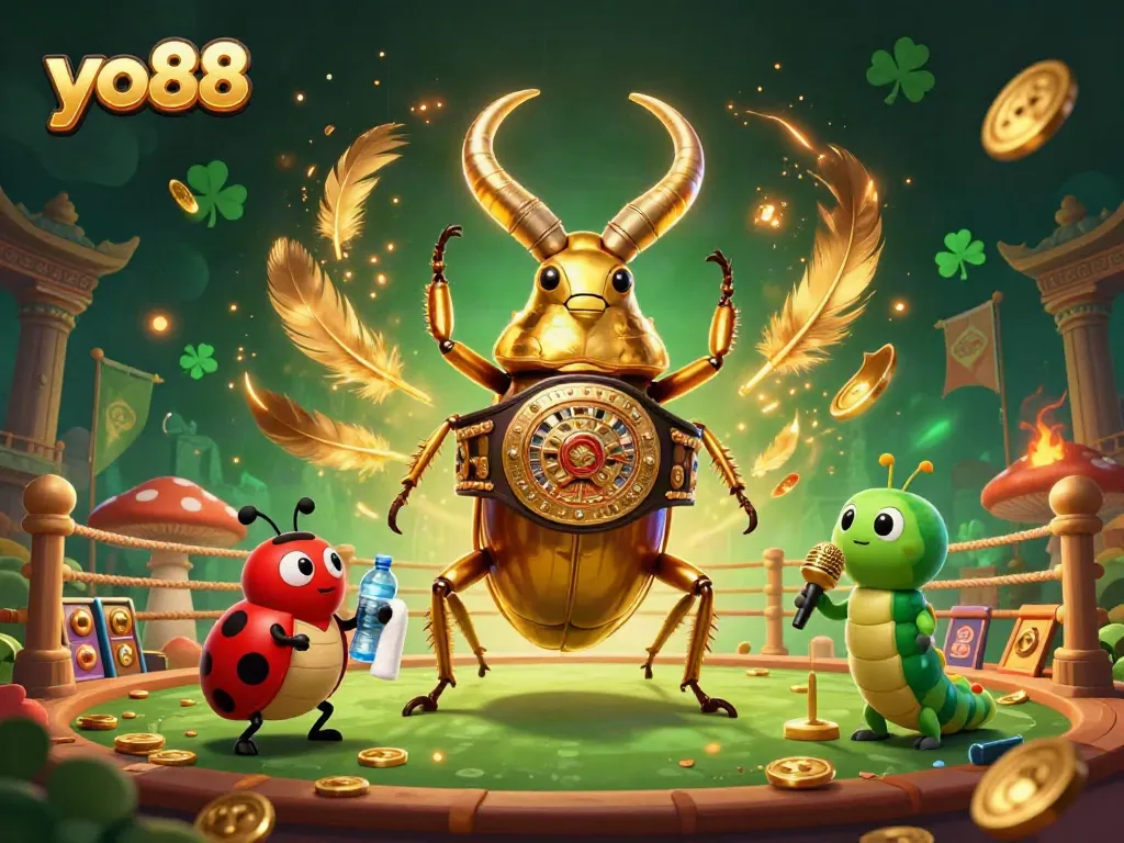 Engage in thrilling gameplay with yo88, a vibrant 3D gaming scene featuring a golden stag beetle, ladybug, and caterpillar in an electrifying arena.