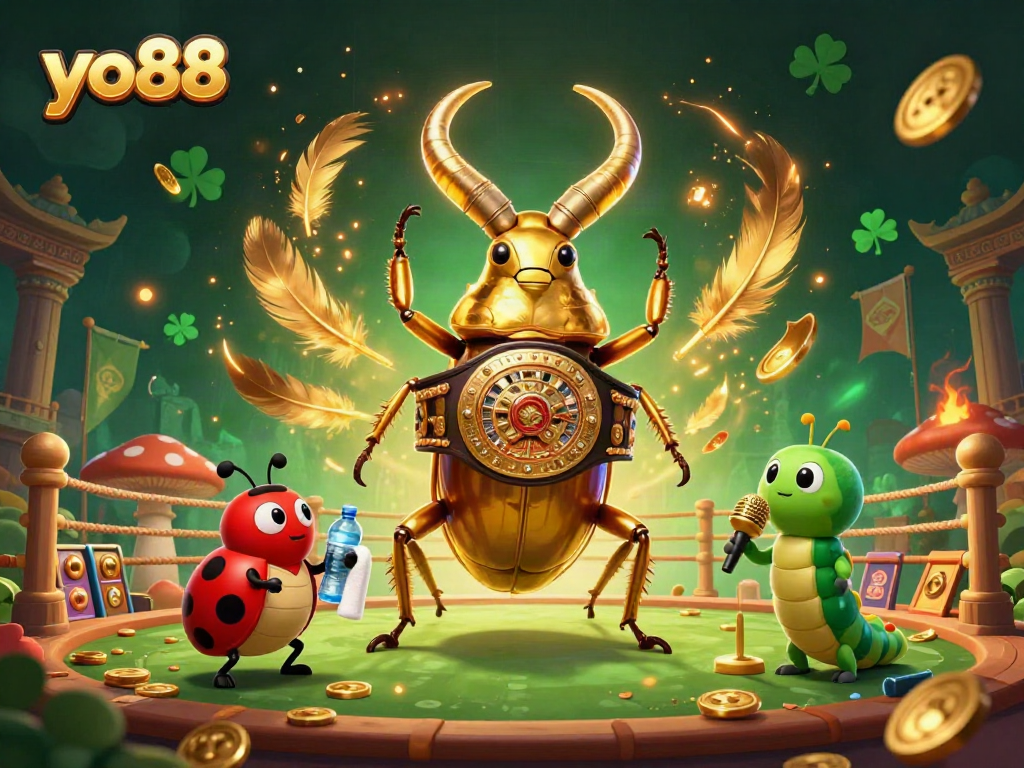 Engage in thrilling gameplay with yo88, a vibrant 3D gaming scene featuring a golden stag beetle, ladybug, and caterpillar in an electrifying arena.