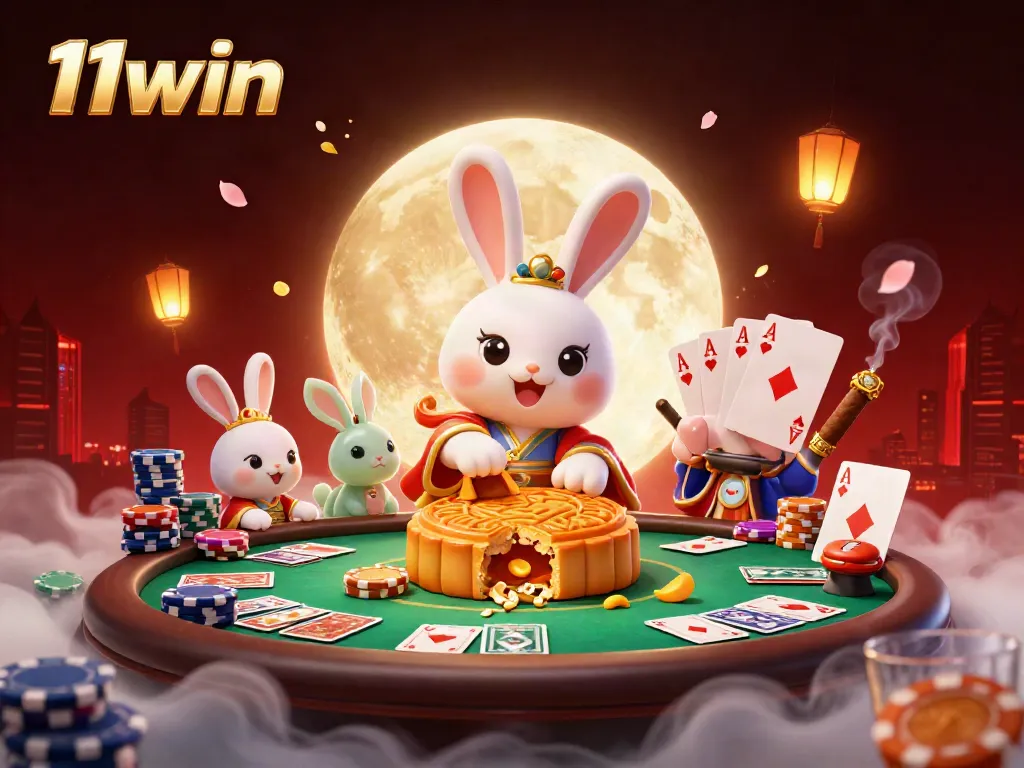 Join the 11win moon rabbit in a vibrant 3D illustration of casino fun with poker elements and rich visuals.