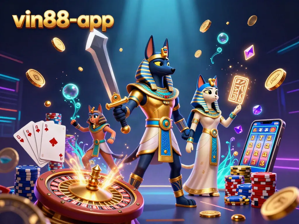 Experience thrilling gaming at vin88-app with Anubis and Bastet amidst cascading treasures and casino elements.
