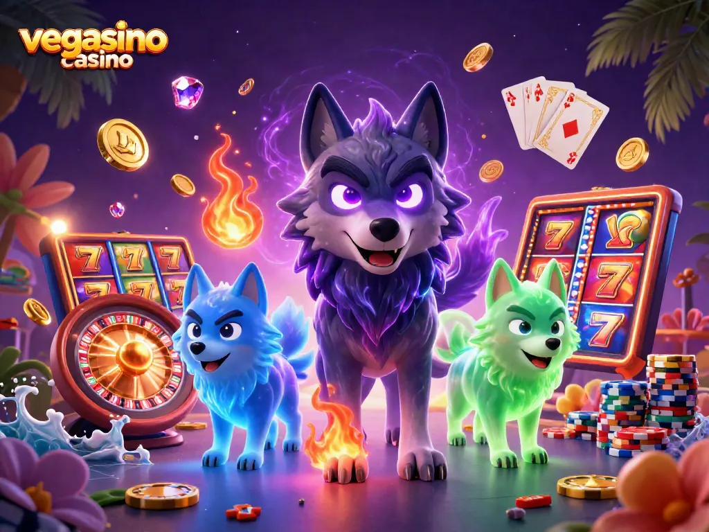 Engage with vegasino casino's thrilling gaming atmosphere featuring glowing wolves and rich casino elements.