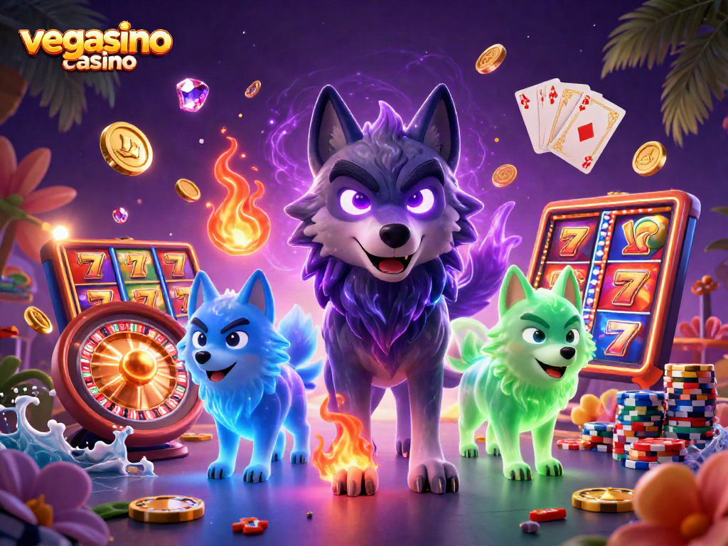 Engage with vegasino casino's thrilling gaming atmosphere featuring glowing wolves and rich casino elements.