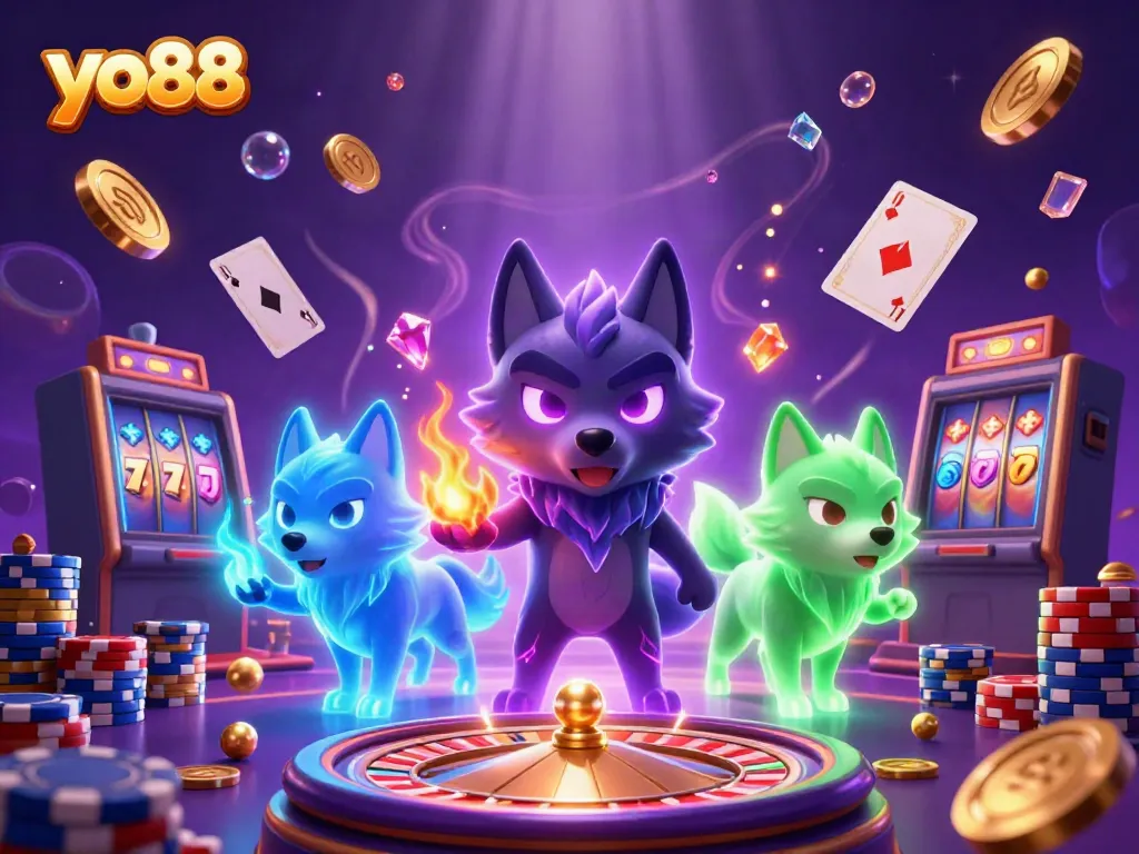 Experience thrilling gaming action with yo88's vibrant 3D casino illustration featuring spectral wolves.