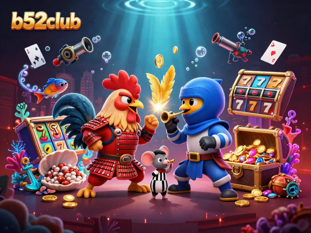 Engage with b52club's vibrant casino adventure featuring dynamic battling roosters amid slots and treasure!