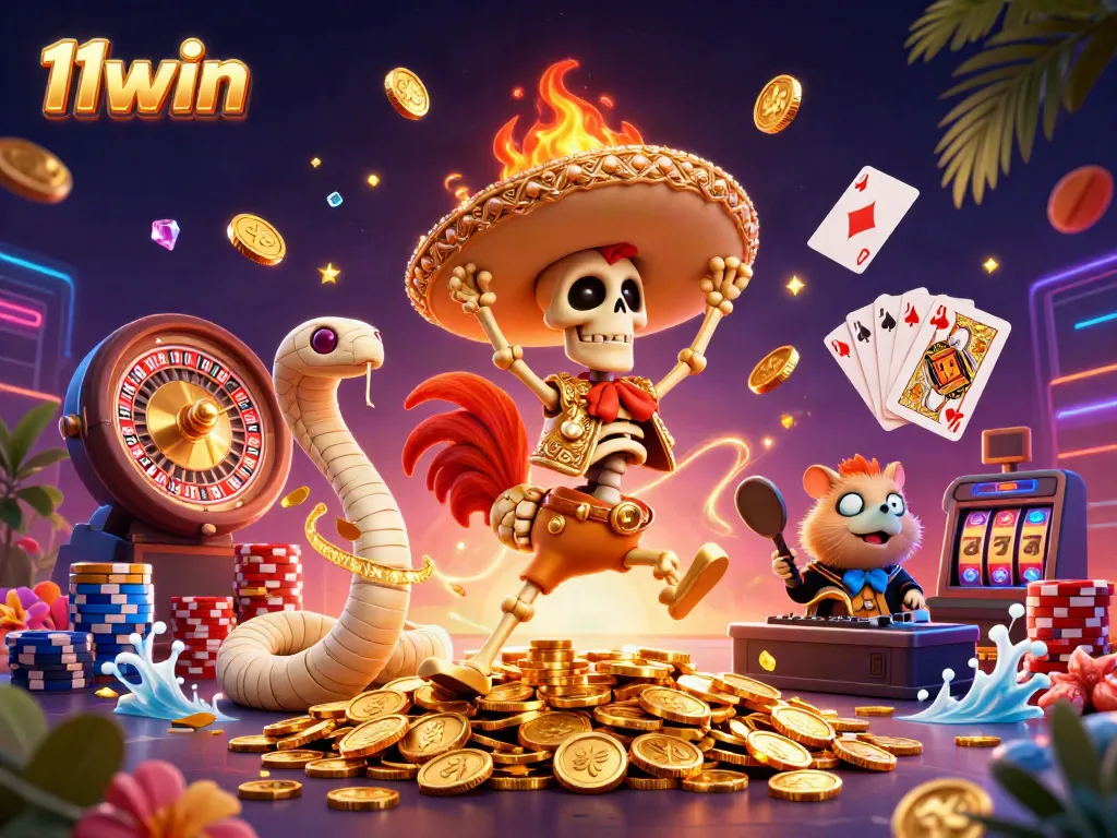 11win captures the excitement with vibrant skeleton and mummy characters amidst a treasure-filled casino scene.