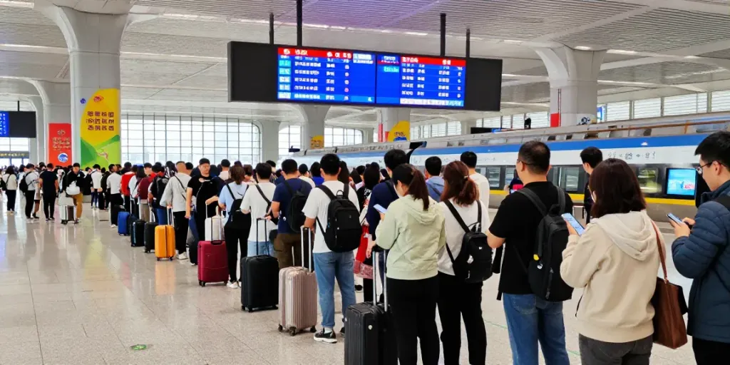 Aktive Reisende am Bahnhof, die Tickets für Hochgeschwindigkeitszüge kaufen und planen.